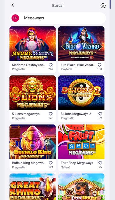 Pantalla para escoger su slot Megaways favorito.