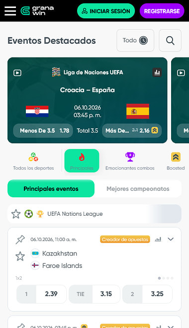 Sección de deportes de GranaWin con los eventos destacados del día y sus cuotas.