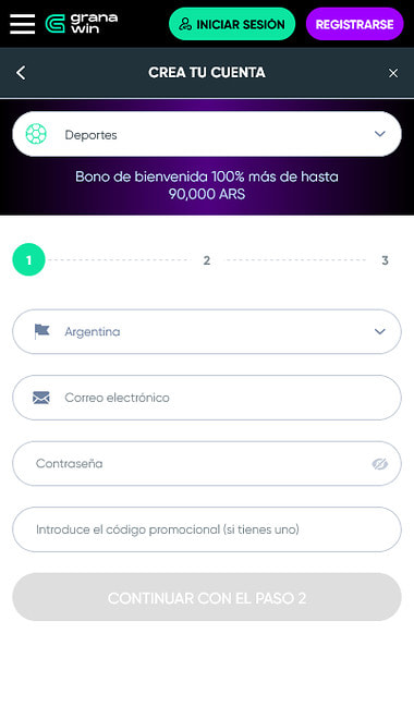 Formulario de registro de GranaWin para deportes con el correo, la contraseña y el bono de hasta $90.000.
