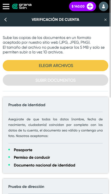 Pantalla de verificación de cuenta de GranaWin para subir el DNI, el pasaporte o el permiso de conducir.