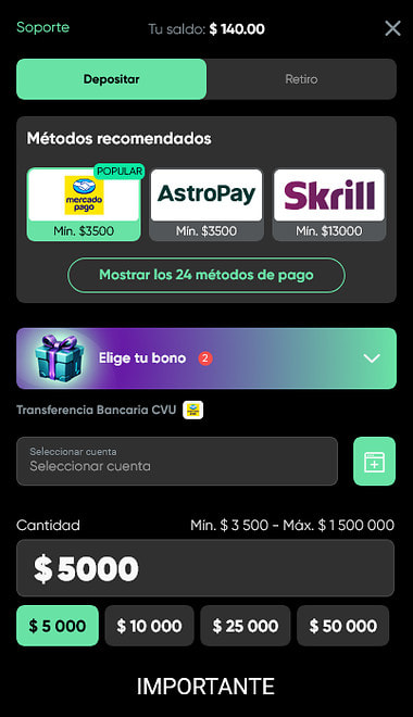 Cajero de GranaWin con Mercado Pago, AstroPay y Skrill y un depósito mínimo de $3.500.