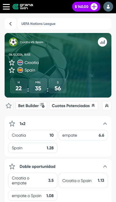 Mercados de un partido de la UEFA Nations League en GranaWin con el 1X2 y el Bet Builder.