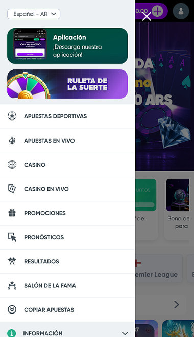 Menú principal de GranaWin con el acceso a la sección de promociones.