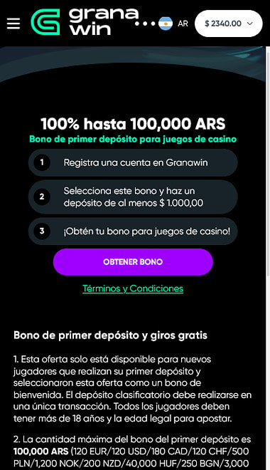 Bono de bienvenida del 100% de GranaWin con sus términos y condiciones desplegados.