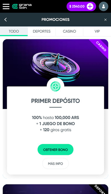 Sección de promociones de GranaWin con el bono de primer depósito para activar.