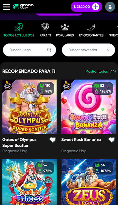 Catálogo de tragamonedas de GranaWin con Gates of Olympus y Sweet Rush Bonanza.