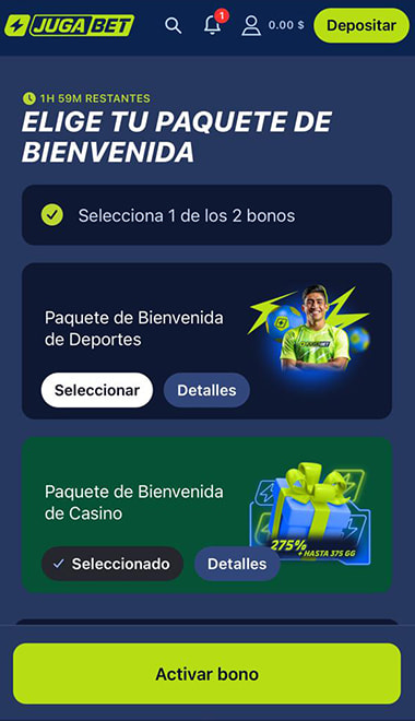 Ventana emergente de la recompensa con la bonificación activa en JugaBet Chile.