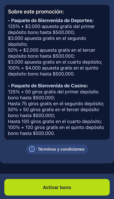 Sección de las promociones con el bono del primer depósito del 125% en JugaBet.