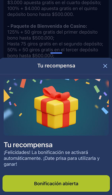 Ventana de la recompensa activada con un regalo promocional en la app de JugaBet.