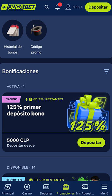 Pantalla de las promociones disponibles y del bono de casino activo en JugaBet Chile.
