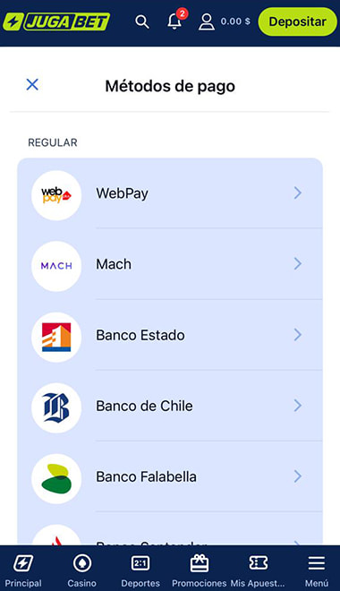 Listado de métodos de pago disponibles para depositar.