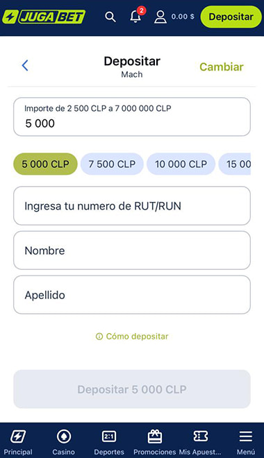 Formulario para ingresar datos personales y monto del depósito en CLP.