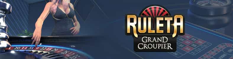 Croupier junto a la ruleta y el logo de la Ruleta Grand Croupier.