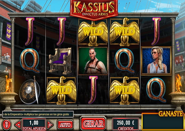Partida a la slot Kassius de Gaming1 en cuyos tambores aparecen algunos de los símbolos principales.
