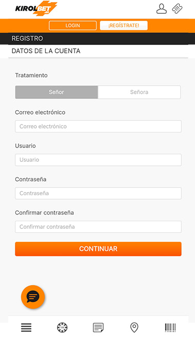 Pantalla de registro de KIROLBET.