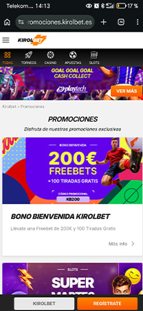 Página de promociones de Kirolbet con oferta de bienvenida destacada.