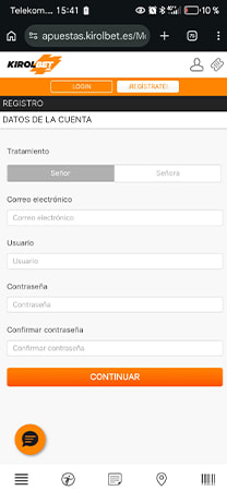 Formulario de registro de cuenta en Kirolbet.