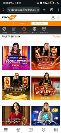 Sección de ruleta en vivo de Kirolbet con mesas disponibles.