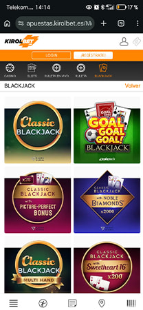Catálogo de juegos de blackjack en Kirolbet.