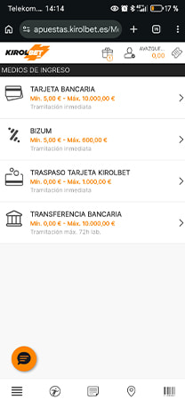 Métodos de ingreso de Kirolbet con tarjeta, Bizum y transferencia bancaria.