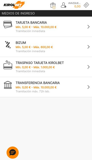 Medios de ingreso de KIROLBET con la transferencia bancaria entre las opciones.