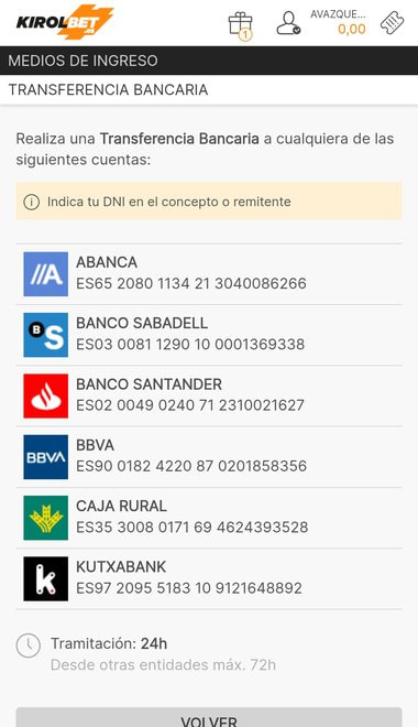 Cuentas bancarias de KIROLBET para hacer el ingreso por transferencia.