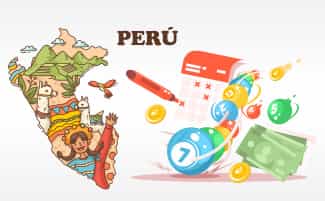 Cartón de lotería online en Perú junto al mapa del país y bolas de lotería.