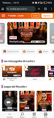 Sección de casino de Luckia con juegos en vivo destacados.
