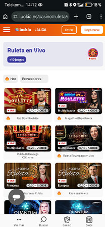 Página de ruleta en vivo de Luckia con mesas disponibles.