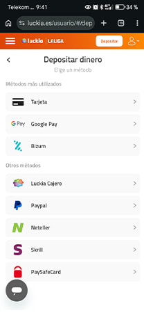 Métodos de depósito disponibles en Luckia, incluyendo Google Pay, Bizum y PayPal.
