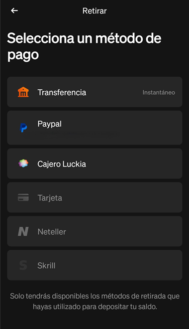 Pantalla de selección de métodos de pago en Luckia España.