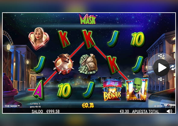 Portada de la tragaperra The Mask, también conocida como La Máscara con sus cinco rodillos y tres filas y los personajes de la película como símbolos.