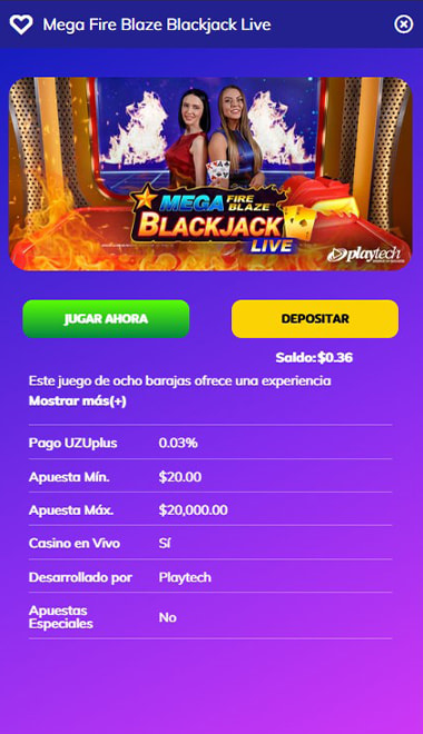 Búsqueda del Mega Fire Blaze blackjack en el catálogo de juegos en vivo del casino.