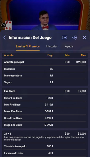 Información del Mega Fire Blaze blackjack con los botones y características de la mesa.