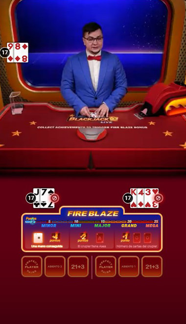 Partida de ejemplo al Mega Fire Blaze blackjack en un casino en línea de México.