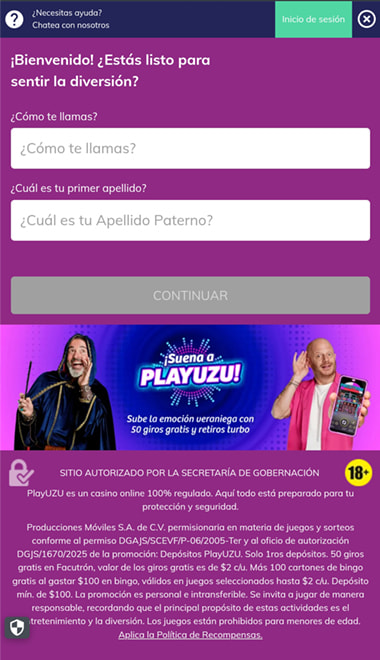 Pantalla de registro de una cuenta de usuario en PLayUZU.