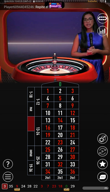 Pantalla del juego en vivo de la ruleta Mega Fire Blaze en PlayUZU.