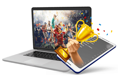 Un ordenador protátil muestra la imagen de diversos deportistas victoriosos y a su lado se encuentra una tablet de cuya pantalla sale una mano portando una copa de la victoria.