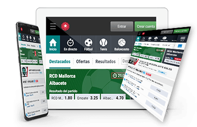 Muestra de la app móvil de la casa de apuestas betstars.es desde tres dispositivos diferentes, móvil, tablet y ordenador.