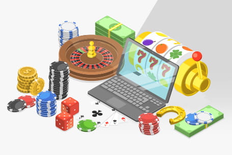 Diferentes símbolos de juegos de casino como ruleta, cartas y tragamonedas junto a una computadora y un celular