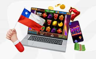 Máquina tragamonedas online en una computadora rodeada de juegos de casino y la bandera de Chile.