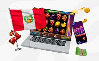 Máquina tragamonedas online en una computadora rodeada de juegos de casino y la bandera de Perú.