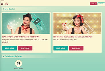 Página de la sección de casino en vivo de 777