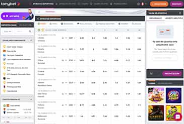 Página princial de apuestas deportivas en TonyBet