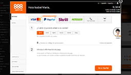 El cajero de 888sport con PayPal. Se ha seleccionado este método para depositar fondos.