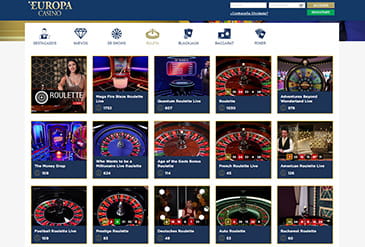 Sección de ruleta en vivo de la página web de Europa Casino