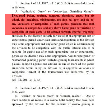 Un fragmento de la legislación actual de casinos online en New Jersey.