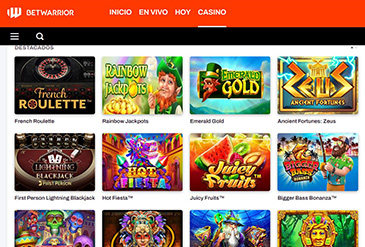 Página de la sección de casino de reseña Betwarrior Argentina