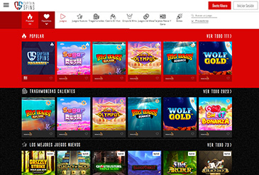 Página principal del casino online de Captain Spins México