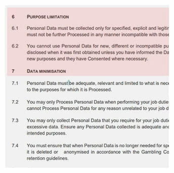 Fragmento de la legislación de la UKCG acerca de protección de datos.